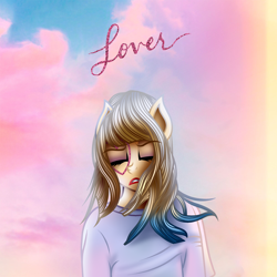 Size: 1500x1500 | Tagged: safe, artist:aldobronyjdc, derpibooru import, earth pony, pony, album, album cover, bangs, blouse, clothes, cloud, colored hair, colorful, digital art, heart, lover, ponified, sky, taylor swift