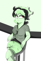 Size: 1700x2500 | Tagged: safe, artist:diamondgreenanimat0, derpibooru import, oc, oc:diamondgreen, equestria girls, anatomically incorrect, anatomy study, black hair, brown eyes, clothes, green background, green hair, practice drawing, shorts, simple background, white background