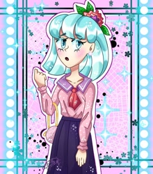 Size: 862x980 | Tagged: safe, artist:your.millye, derpibooru import, coco pommel, human, :o, abstract background, bag, clothes, female, flower, flower in hair, humanized, open mouth, skirt, solo