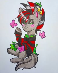 Size: 1080x1350 | Tagged: safe, artist:your.millye, derpibooru import, oc, oc only, butterfly, earth pony, blushing, clothes, ear piercing, earring, earth pony oc, eyes closed, jewelry, piercing, smiling, solo, traditional art, underhoof