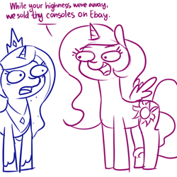 Size: 1650x1650 | Tagged: safe, artist:dsp2003, princess celestia, princess luna, alicorn, pony, 2018, comic, dialogue, disproportionate retribution, female, i can't believe it's not tjpones, mare, open mouth, pure unfiltered evil, royal sisters, simple background, single panel, sketch, style emulation, this will end in death, this will end in murder, this will end in regicide, this will end in sororicide, white background