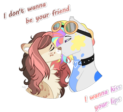 Size: 786x709 | Tagged: safe, artist:mintoria, derpibooru import, oc, oc:colored pencils, oc:haley, pony, female, goggles, kissing, lesbian, mare, oc x oc, shipping, simple background, transparent background