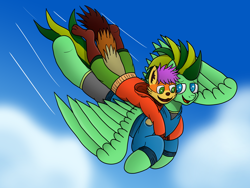 Size: 4032x3024 | Tagged: safe, artist:tacomytaco, derpibooru import, oc, oc only, oc:kai, oc:taco.m.tacoson, anthro, pegasus, pony, red panda, clothes, flying, hoodie, shorts, sky, smiling, spread wings, wings