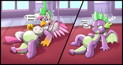 Size: 2048x1084 | Tagged: safe, artist:redflare500, derpibooru import, spike, oc, oc:foxxy hooves, dragon, hippogriff, hippogriff oc, rubber, transformation, winged spike