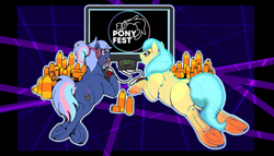 Size: 3013x1729 | Tagged: safe, artist:stormblaze-pegasus, derpibooru import, oc, oc only, oc:bit rate, oc:neural net, earth pony, pony, female, mare, ponyfest online, underhoof