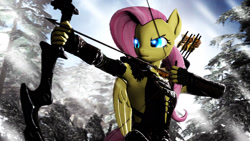 Size: 1920x1080 | Tagged: safe, artist:backmaker, derpibooru import, fluttershy, anthro, 3d, badass, bow, bow (weapon), flutterbadass, source filmmaker, tree