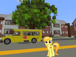Size: 2048x1536 | Tagged: safe, artist:daringdashie, artist:topsangtheman, derpibooru import, marmalade jalapeno popette, earth pony, pony, topsangtheman's minecraft server, apple family member, house, looking at you, minecraft, school bus, solo