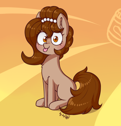 Size: 1536x1600 | Tagged: safe, artist:dsp2003, oc, oc only, oc:brownie bun, earth pony, pony, 2018, :p, abstract background, blushing, chest fluff, cute, dsp2003 is trying to murder us, ear fluff, female, food, hnnng, i can't believe it's not wafflecakes, looking at you, mare, ocbetes, peanut butter, signature, silly, sitting, solo, style emulation, tongue out, weapons-grade cute