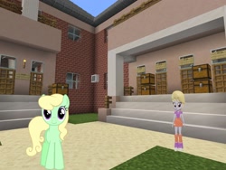 Size: 2048x1536 | Tagged: safe, artist:90sigma, artist:topsangtheman, derpibooru import, apple honey, apple tarty, cloud kicker, earth pony, pony, topsangtheman's minecraft server, equestria girls, 3d, apple family member, house, looking at you, minecraft, source filmmaker