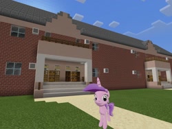 Size: 2048x1536 | Tagged: safe, artist:topsangtheman, derpibooru import, amethyst star, sparkler, pony, unicorn, topsangtheman's minecraft server, 3d, house, looking at you, minecraft, solo, source filmmaker