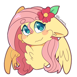 Size: 2400x2400 | Tagged: safe, artist:elevantia, derpibooru import, fluttershy, pegasus, pony, beanbrows, blush sticker, blushing, bust, cheek fluff, chest fluff, cute, eyebrows, female, floppy ears, flower, flower in hair, heart eyes, looking at you, mare, outline, portrait, shyabetes, simple background, solo, spread wings, stray strand, three quarter view, transparent background, wavy mouth, white outline, wingding eyes, wings