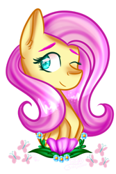 Size: 1024x1536 | Tagged: safe, artist:la-tia-fasti, derpibooru import, fluttershy, pegasus, pony, bust, cute, cutie mark, female, flower, folded wings, looking at you, mare, one eye closed, portrait, shyabetes, sidemouth, simple background, smiling, solo, three quarter view, transparent background, wings, wink, winking at you