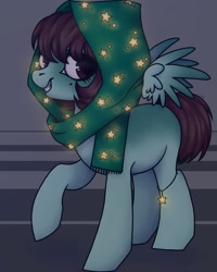 Size: 1080x1350 | Tagged: safe, artist:ash_helz, derpibooru import, oc, oc only, pegasus, pony, abstract background, headscarf, pegasus oc, raised hoof, scarf, smiling, solo, stars, wings