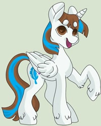 Size: 685x857 | Tagged: safe, artist:c_owokie, derpibooru import, oc, oc only, alicorn, pony, alicorn oc, horn, open mouth, raised hoof, simple background, smiling, solo, unshorn fetlocks, wings