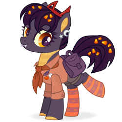 Size: 1198x1200 | Tagged: safe, alternate version, artist:esgest, derpibooru import, oc, oc only, oc:tricky treat, bat, dracony, dragon, ghost, hybrid, pony, undead, bad, badge, bag, bandana, candy, candy corn, clothes, ear piercing, earring, fangs, female, food, headband, jewelry, mare, piercing, pin, pumpkin, raised leg, saddle bag, shirt, shorts, simple background, socks, solo, striped socks, transparent background