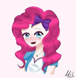 Size: 677x694 | Tagged: safe, artist:11.lesya, derpibooru import, pinkie pie, equestria girls, :d, bow, bust, clothes, hair bow, jewelry, necklace, signature, smiling, solo