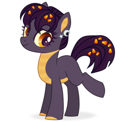 Size: 1198x1200 | Tagged: safe, alternate version, artist:esgest, derpibooru import, oc, oc only, oc:tricky treat, dracony, dragon, hybrid, pony, blank flank, candy, candy corn, ear piercing, earring, female, food, jewelry, mare, piercing, raised leg, simple background, solo, transparent background