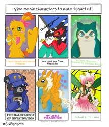 Size: 1686x1968 | Tagged: safe, artist:indominus_art, derpibooru import, anthro, pegasus, pikachu, pony, anthro with ponies, bearmon, blushing, bracelet, chest fluff, claws, clothes, cloud, crossover, digimon, fbi, female, flying, hawlucha, hoof shoes, jewelry, lillymon, lipstick, mask, one eye closed, pegasusmon, pokémon, ponified, six fanarts, smiling, snorlax, wide eyes, wink