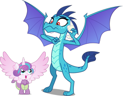 Size: 4501x3511 | Tagged: safe, artist:cyanlightning, artist:frownfactory, artist:kimberlythehedgie, derpibooru import, edit, editor:slayerbvc, princess ember, princess flurry heart, alicorn, dragon, pony, triple threat, .svg available, :s, animal costume, baby, baby pony, bipedal, clothes, colored wings, costume, dragon costume, female, filly, footed sleeper, footie pajamas, happy, looking up, multicolored wings, pajamas, red eyes, simple background, solo, spread wings, svg, transparent background, vector, vector edit, wavy mouth, wings, zipper