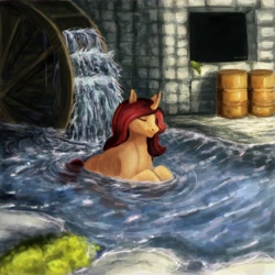 Size: 4000x4000 | Tagged: safe, artist:misstwipietwins, derpibooru import, oc, oc:sile, unicorn, barrels, commission, complex background, cozy, male, relaxing, river, solo, swimming, water wheel
