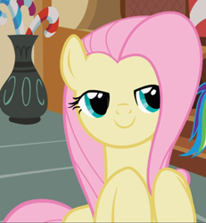 Size: 796x863 | Tagged: safe, derpibooru import, screencap, fluttershy, pegasus, pony, the mysterious mare do well, cropped, lidded eyes, smiling, solo