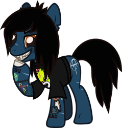 Size: 1028x1074 | Tagged: safe, artist:lightningbolt, derpibooru exclusive, derpibooru import, earth pony, pony, undead, zombie, zombie pony, .svg available, bloodshot eyes, bone, bring me the horizon, chipped tooth, clothes, colored pupils, colored sclera, creepy, creepy smile, drop dead clothing, fangs, glasgow smile, hair over one eye, looking at you, male, oliver sykes, ponified, raised hoof, scar, shirt, simple background, skull, smiling, solo, stallion, stitches, svg, t-shirt, tattoo, torn ear, transparent background, vector