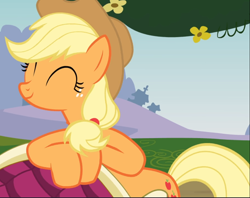 Size: 1188x939 | Tagged: safe, derpibooru import, screencap, applejack, earth pony, pony, too many pinkie pies, cropped, cute, eyes closed, jackabetes, smiling, solo