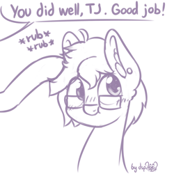Size: 1024x1024 | Tagged: safe, artist:dsp2003, oc, oc only, oc:tjpones, earth pony, pony, 2018, blushing, bust, colt, comic, cute, ear fluff, ear piercing, earring, glasses, head pat, jewelry, male, monochrome, ocbetes, offscreen character, pat, piercing, scrunchy face, signature, simple background, single panel, sketch, stallion, white background