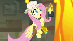 Size: 1920x1080 | Tagged: safe, derpibooru import, screencap, fluttershy, pegasus, pony, daring doubt, lava, solo, truth talisman