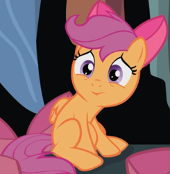 Size: 539x550 | Tagged: safe, derpibooru import, screencap, scootaloo, somepony to watch over me, apple bloom's bow, bow, cropped, hair bow, nervous, puckered lips, sitting, solo