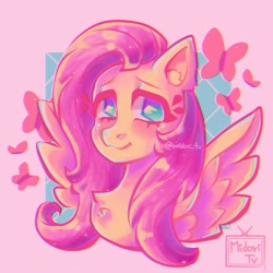 Size: 1300x1300 | Tagged: safe, alternate version, artist:_midori_tv, derpibooru import, fluttershy, butterfly, pegasus, pony, bust, female, mare, smiling, solo