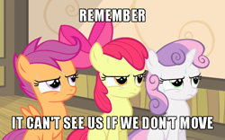 Size: 600x375 | Tagged: safe, derpibooru import, edit, edited screencap, screencap, apple bloom, scootaloo, sweetie belle, somepony to watch over me, caption, cropped, cutie mark crusaders, image macro, jurassic park, meme, movie reference, puffed chest, sitting, sweat, text, tough, trio