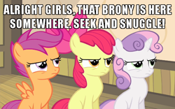 Size: 600x375 | Tagged: safe, derpibooru import, edit, edited screencap, screencap, apple bloom, scootaloo, sweetie belle, somepony to watch over me, brony, bronybait, caption, cropped, cutie mark crusaders, image macro, meme, puffed chest, sitting, sweat, text, tough, trio