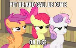 Size: 600x375 | Tagged: safe, derpibooru import, edit, edited screencap, screencap, apple bloom, scootaloo, sweetie belle, somepony to watch over me, adorabloom, bronybait, caption, cropped, cute, cutealoo, cutie mark crusaders, diasweetes, image macro, meme, petting, puffed chest, sitting, sweat, text, tough, trio, uh oh