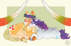 Size: 2450x1584 | Tagged: safe, artist:lycanrosie, derpibooru import, applejack, rarity, earth pony, pony, unicorn, blushing, braided tail, colored hooves, curved horn, eyes closed, female, floral head wreath, flower, flower in hair, frog (hoof), horn, lesbian, preggo jack, pregnant, rarijack, shipping, smiling, story included, underhoof, unshorn fetlocks