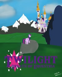 Size: 1080x1350 | Tagged: safe, artist:operfield, derpibooru import, twilight sparkle, twilight sparkle (alicorn), alicorn, pony, canterlot, canterlot castle, castle, cloud, female, mare, mountain, outdoors, poster, signature, solo, the legend of zelda, the legend of zelda: breath of the wild