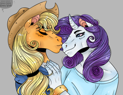 Size: 4289x3314 | Tagged: safe, artist:ruwakare, derpibooru import, applejack, rarity, anthro, eyes closed, female, hoers, kissing, lesbian, rarijack, shipping