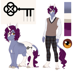 Size: 3421x3256 | Tagged: safe, artist:askbubblelee, derpibooru import, oc, oc only, oc:keystone quartz, anthro, unguligrade anthro, unicorn, clothes, colt, digital art, horn, leonine tail, male, pants, reference sheet, solo, unicorn oc, vest