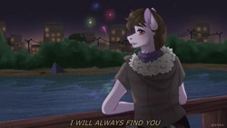 Size: 1080x608 | Tagged: safe, artist:loni_ee_, derpibooru import, oc, oc only, anthro, earth pony, building, clothes, earth pony oc, fireworks, frown, lake, male, night, outdoors, redraw, signature, solo, stars, talking, tree