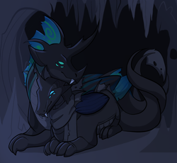 Size: 1470x1355 | Tagged: safe, derpibooru import, oc, oc:sol, oc:stormrunner, changeling, cave, changeling behemoth, clothes, cuddling, cute, dark, scarf, stalagmite