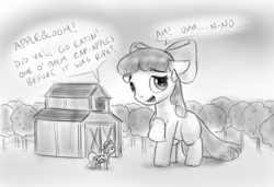 Size: 850x583 | Tagged: safe, artist:alloyrabbit, derpibooru import, apple bloom, applejack, earth pony, pony, apple bloom's bow, barn, blatant lies, bow, female, filly, giant pony, hair bow, macro, mare, monochrome, size difference, tree