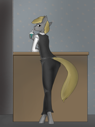 Size: 527x703 | Tagged: safe, artist:queen-razlad, derpibooru import, oc, oc:trestle, anthro, unguligrade anthro, ass, bootie, butt, drinking, looking at you, looking back, male, sipping, solo, thick, waiter