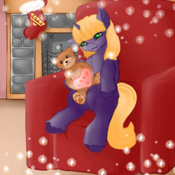 Size: 1024x1024 | Tagged: safe, artist:dark_nidus, derpibooru import, teddy, pony, armchair, chair, christmas, clothes, commission, fireplace, holiday, socks, teddy bear, toy, ych result