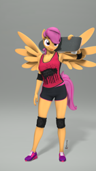 Size: 1080x1920 | Tagged: safe, artist:spinostud, derpibooru import, scootaloo, anthro, pegasus, 3d, beautiful, beautisexy, clothes, elbow pads, gym shorts, knee pads, nail polish, orange fur, orange wings, pose, purple eyes, purple mane, purple shoes, purple tail, sexy, shadow, shoes, short mane, shorts, side slit, skateboard, sneakers, source filmmaker, sports shorts, spread wings, standing, tanktop, teenager, tongue out, watermark, wings