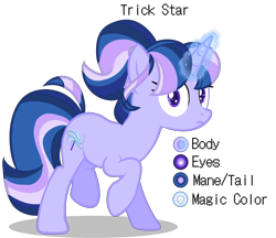 Size: 3000x2593 | Tagged: safe, artist:choisky13, derpibooru import, oc, oc:trick star, pony, unicorn, female, magic, magical lesbian spawn, mare, offspring, parent:starlight glimmer, parent:trixie, parents:startrix, reference sheet, simple background, solo, transparent background