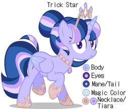 Size: 3000x2593 | Tagged: safe, artist:choisky13, derpibooru import, oc, oc:trick star, alicorn, pony, crown, female, jewelry, magic, magical lesbian spawn, mare, offspring, parent:starlight glimmer, parent:trixie, parents:startrix, reference sheet, regalia, simple background, solo, transparent background