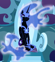 Size: 1660x1854 | Tagged: safe, artist:jakescribbles, derpibooru import, edit, nightmare moon, alicorn, pony, the cutie re-mark, alternate timeline, cropped, ethereal mane, evil grin, grin, helmet, hoof shoes, nightmare takeover timeline, peytral, sitting, smiling, smug, solo, throne