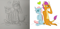 Size: 5968x2920 | Tagged: safe, artist:edwinn, derpibooru import, ocellus, smolder, changeling, dragon, blushing, comparison, female, heart, holding hands, lesbian, love, shipping, simple background, sketch, smolcellus, traditional art, white background