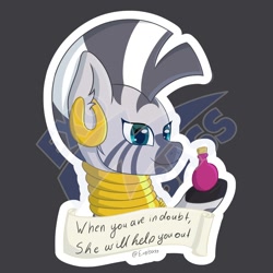Size: 2000x2000 | Tagged: safe, artist:exobass, derpibooru import, zecora, zebra, ear piercing, earring, gray background, jewelry, piercing, potion, simple background, sticker, white outline