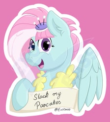 Size: 903x1007 | Tagged: safe, artist:exobass, derpibooru import, kerfuffle, pegasus, clothes, cute, ear fluff, female, fufflebetes, happy, looking at you, mare, pincushion, pink background, scroll, simple background, sticker, vest, white outline